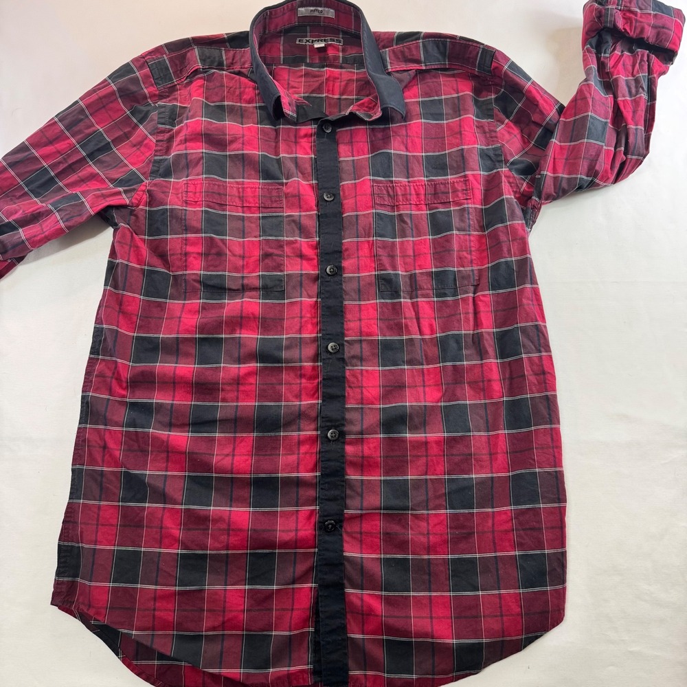 Express Shirt Mens Medium Red Black Plaid Button Up Fitted Contrast Trim Top M